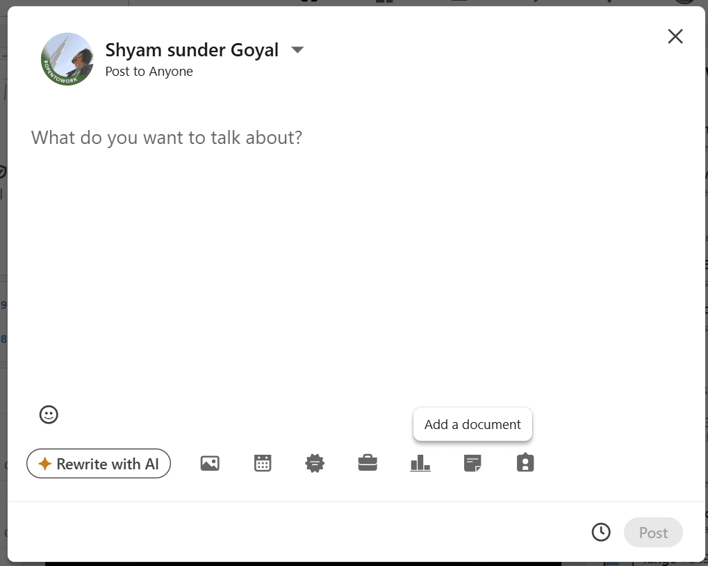 Selecting the Add a Document icon in the LinkedIn post editor