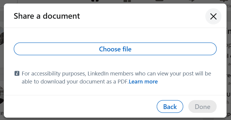Choosing the PDF file from the local computer to upload to LinkedIn