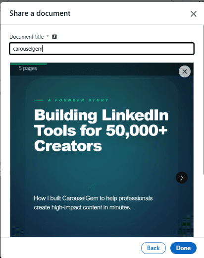 Adding a document title and previewing the carousel slides before posting