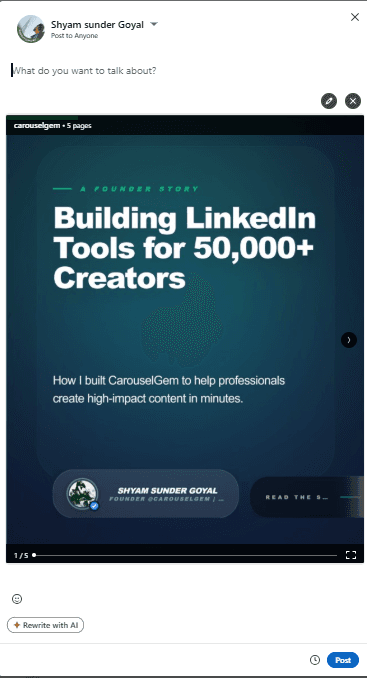 Finalizing the LinkedIn post with a caption and clicking the post button