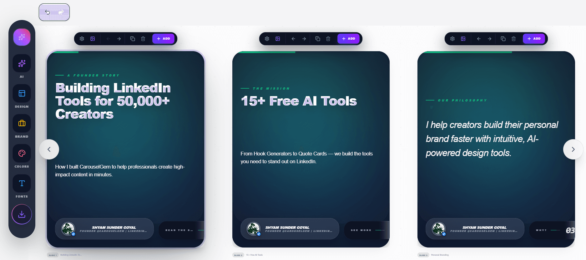 CarouselGem Studio content editor showing slide layout and background color controls for LinkedIn carousels