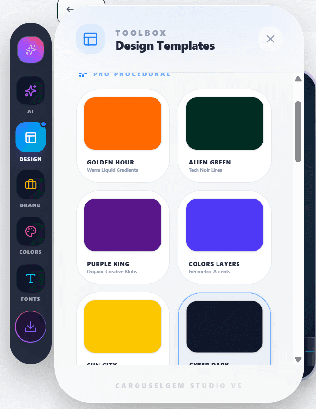 Selection of professional LinkedIn carousel design templates in the CarouselGem Studio gallery
