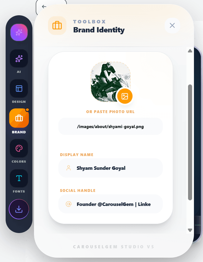 Branding settings in CarouselGem to add custom avatars, names, and handles to LinkedIn carousel slides