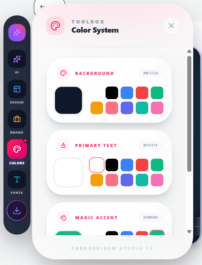 Curated color palette selection tool in CarouselGem for branding and customizing LinkedIn carousel slides