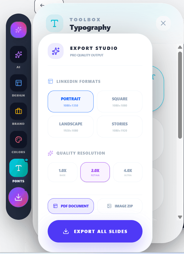 Final export step in CarouselGem showing high-resolution PDF download button for LinkedIn carousel upload